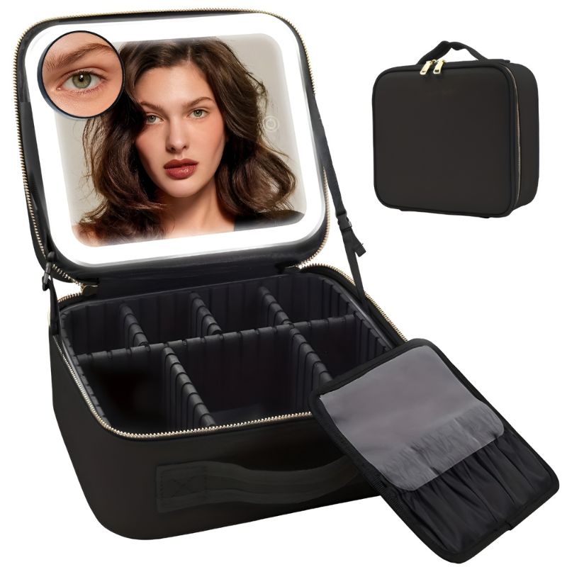 Een zwarte GlamVista™ LED Make-up Organizer met een echte spiegel en verstelbare vakken. Compact en stijlvol, perfect om al je schoonheidsspullen in op te bergen.