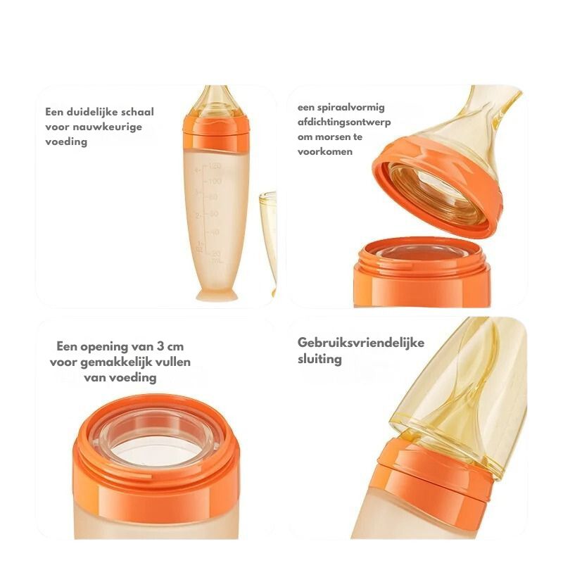 BabyHap™ Lepel-Knijpfles met vier close-upbeelden die de details en kenmerken van de fles illustreren. Het bevat een duidelijke schaal voor nauwkeurige voeding, een spiraalvormig afdichtingsontwerp om morsen te voorkomen