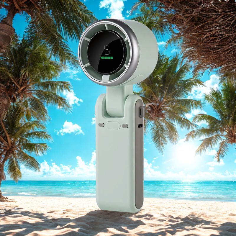 BreezeBuddy™ mini-ventilator op een tropisch strand – verkoeling altijd bij de hand. Shop nu via Inicala.nl.
