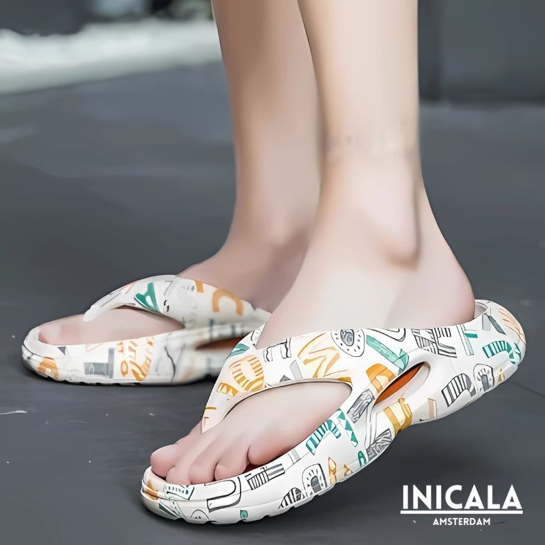 CloudRift™ ergonomische slippers in speels design met dikke dempende zool en stevige grip. Voor ultiem comfort binnens- en buitenshuis. Verkrijgbaar via Inicala.nl.