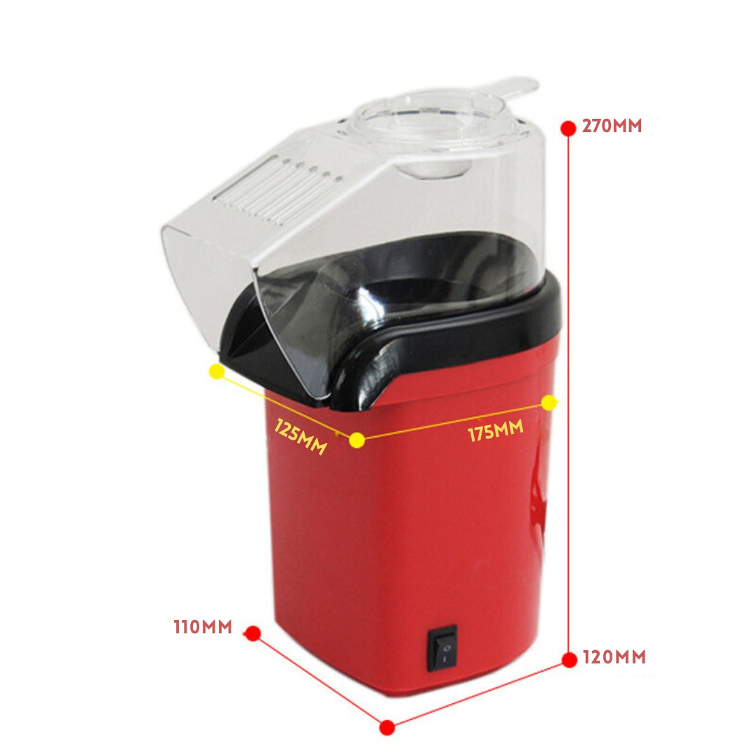 Compacte rode PopCrisp™ popcornmaker met afmetingen gemarkeerd 270mm hoog, 175mm diep, 125mm breed. Perfect formaat voor thuisgebruik. inicala.nl