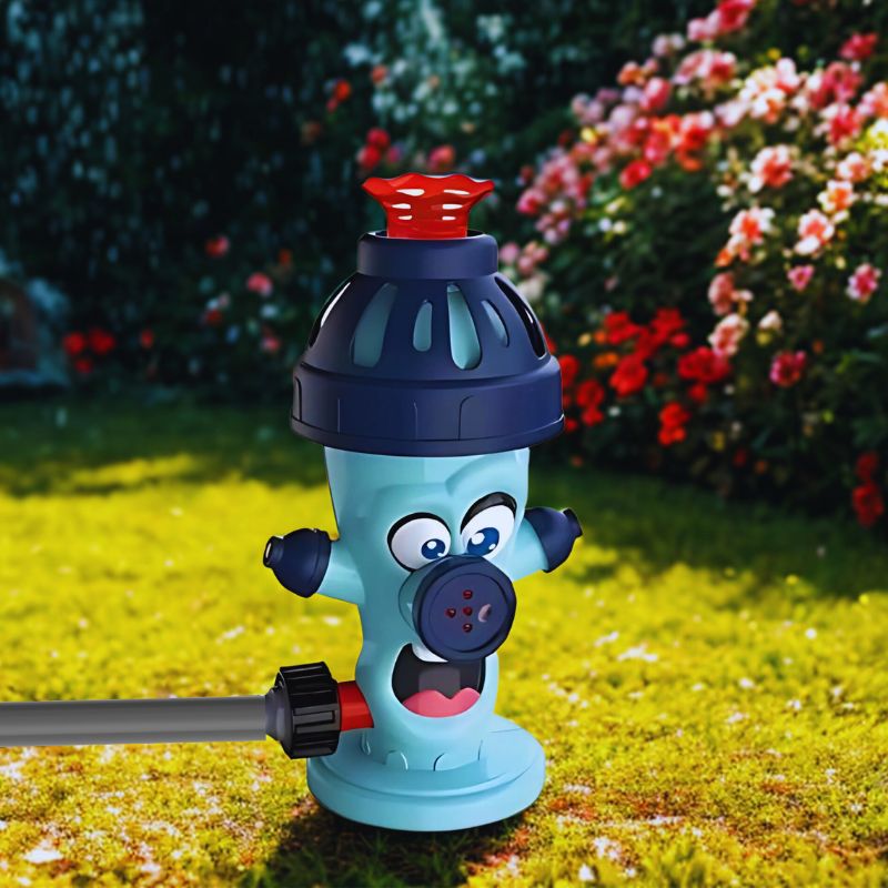 De SplashBall™ brandkraan-watersproeier in een zonnige achtertuin met kleurrijke bloemen, aangesloten op een tuinslang voor verfrissende waterpret bij elke slag. Beschikbaar op Inicala.nl.