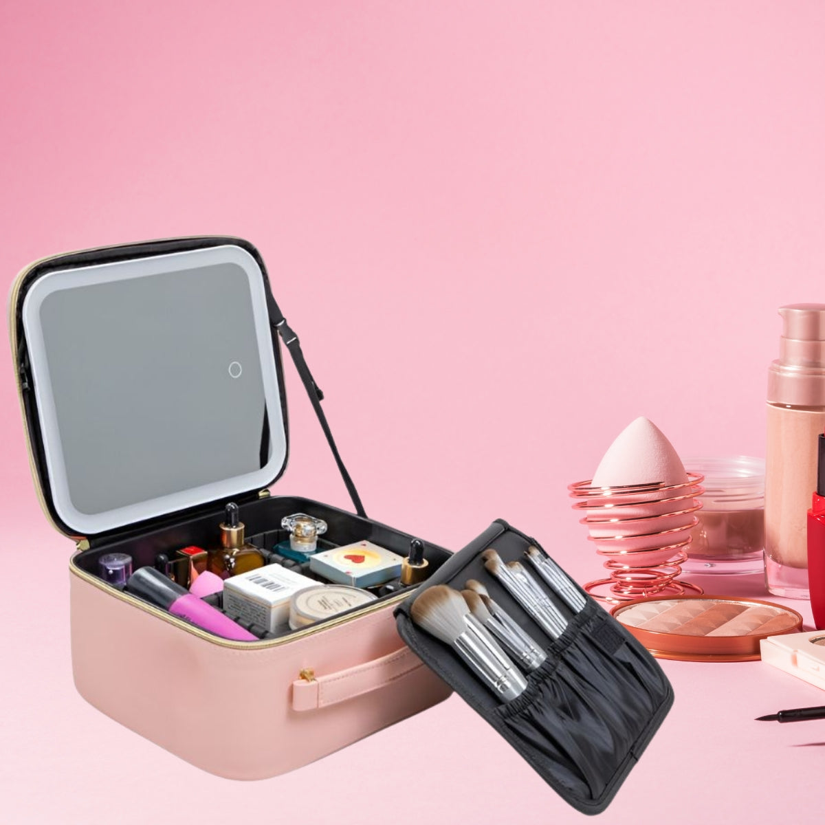 De GlamVista™ LED Makeup Organizer opengeklapt, toont een ingebouwde spiegel met LED-verlichting en georganiseerde compartimenten. Ideaal voor make-up liefhebbers onderweg of thuis.