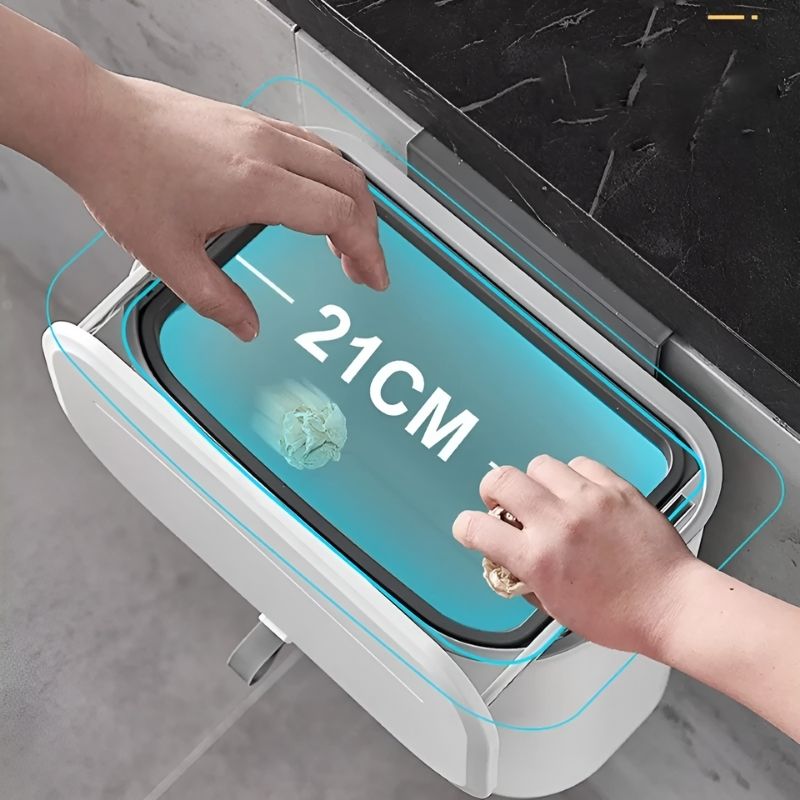 Een compacte HydroBin™ met een opening van 21 cm, ontworpen voor efficiënt gebruik. Perfect gemonteerd onder een aanrecht of aan een wand, ideaal om afval gemakkelijk weg te gooien en geurtjes buiten te houden.