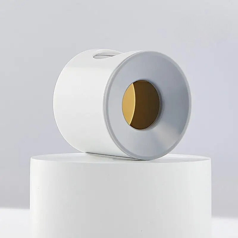 De SwiftBrush™ Zelfreinigende Massage Haarborstel in een minimalistisch wit ontwerp met een gouden accent, biedt een stijlvolle en efficiënte oplossing voor haarverzorging en schoonmaak.