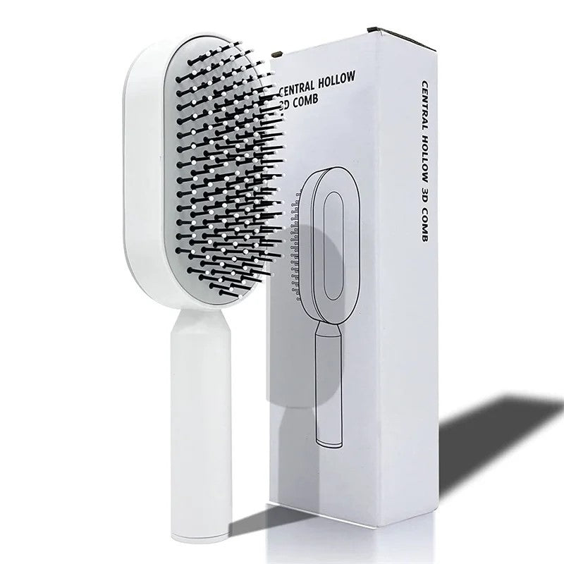 De SwiftBrush™ Zelfreinigende Massage Haarborstel naast de luxe verpakking, toont zijn strakke en moderne ontwerp met een zelfreinigende functie voor moeiteloze haarverzorging.