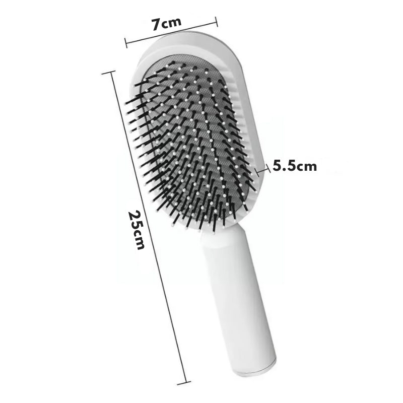 De SwiftBrush™ Zelfreinigende Massage Haarborstel wordt afgebeeld met zijn afmetingen 25 cm lang, 7 cm breed en 5,5 cm diep.