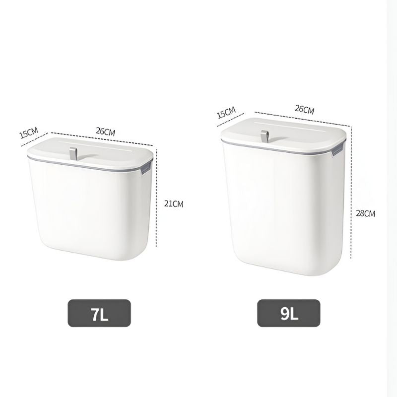 de 7L en 9L modellen van de HydroBin™ wandafvalbak. Beide bakken zijn 26 cm breed en 15 cm diep, terwijl de 7L bak 21 cm hoog is en de 9L bak 28 cm hoog. Perfect voor verschillende ruimtebehoeften!