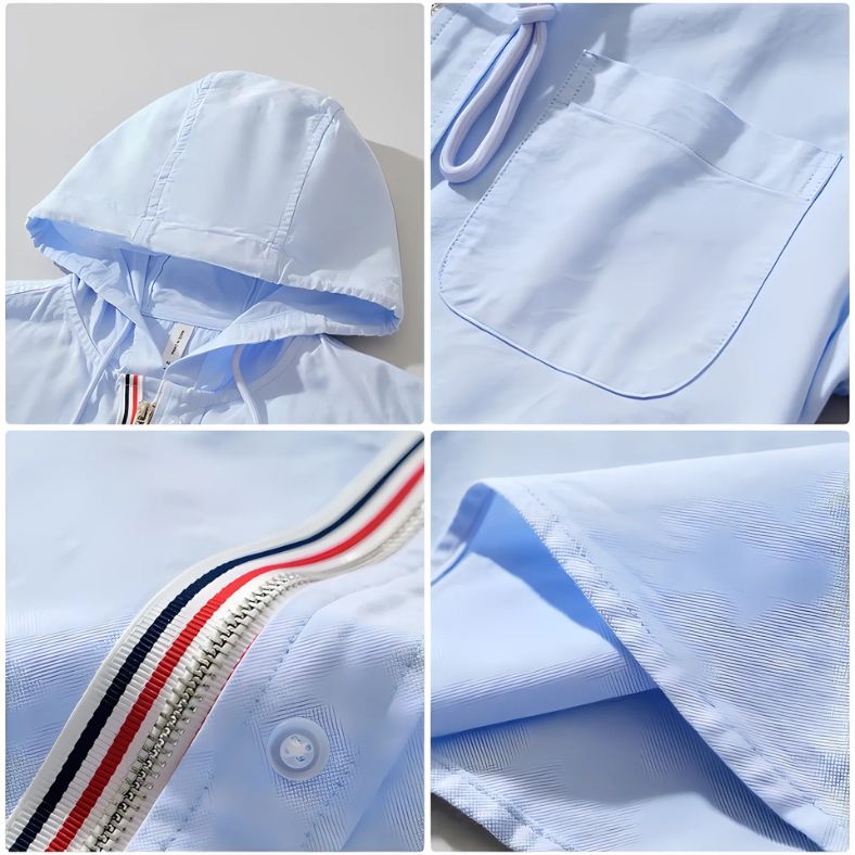 Detailweergave van de NOMORI™ linnen hoodie met capuchon, zak en ritsaccent – lichtblauw zomers design voor moderne mannen, verkrijgbaar via Inicala.nl.
