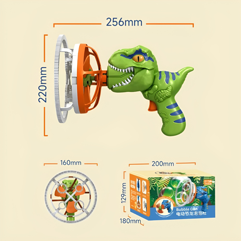 Maak kennis met het groene DinoBlazers bellenblaaspistool van 256 mm lang en 220 mm hoog. Inclusief een 160 mm breed mondstuk voor ultiem bellenplezier. De verpakking is compact: 200 mm x 180 mm x 129 mm. Perfect speelgoed voor het maken van ingewikkelde, kleurrijke bellen, zowel binnen als buiten.