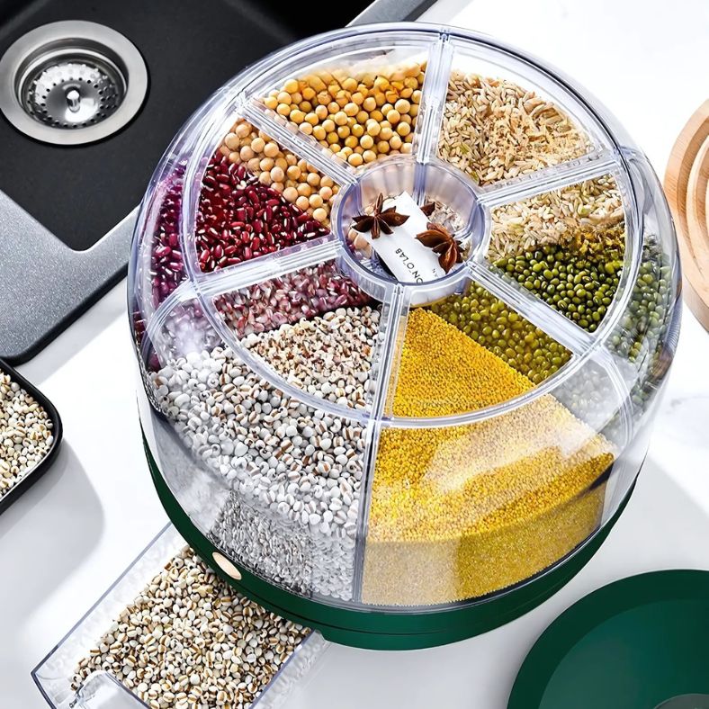 Dispello™ van Inicala.nl – gevulde 6-in-1 food dispenser in donkergroen, toont overzichtelijke compartimenten met granen, bonen en zaden voor slimme, hygiënische opslag.
