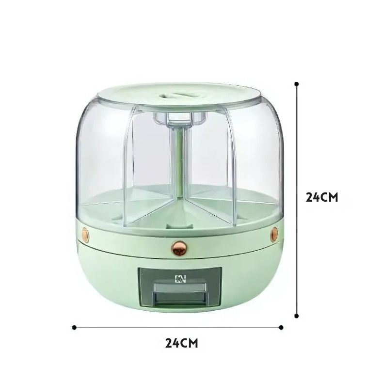 Dispello™ van Inicala.nl – lichtgroene 6-in-1 voorraadcontainer (24x24x24 cm) met transparante behuizing, ideaal voor slim, overzichtelijk en luchtdicht opslaan van droge voeding.
