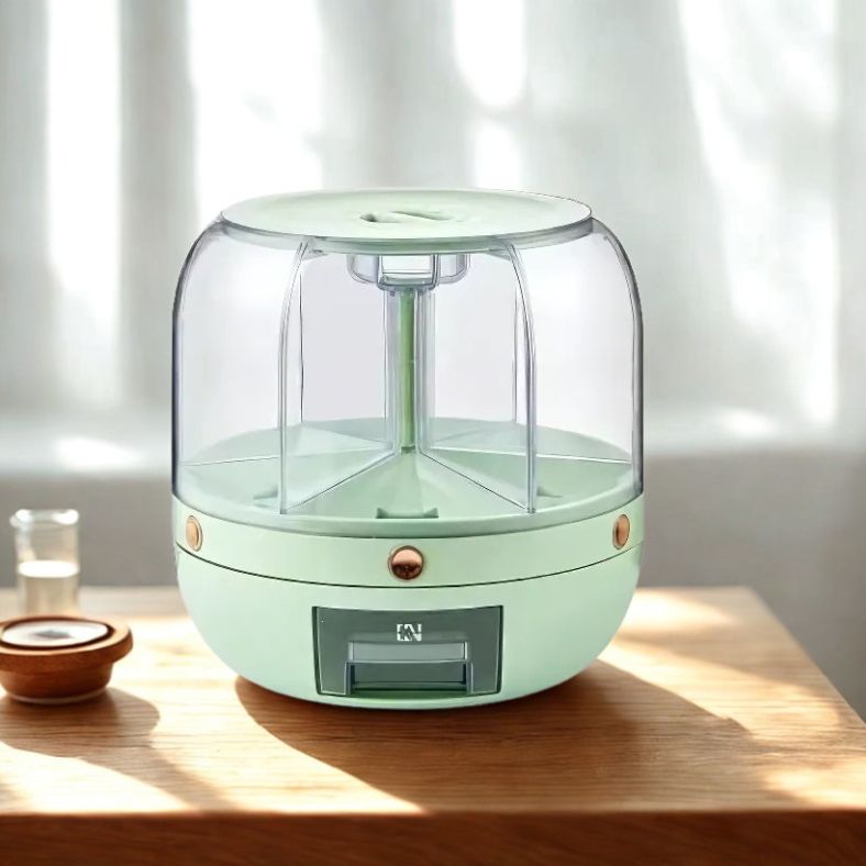 Dispello™ van Inicala.nl op een houten keukenblad – de 6-in-1 slimme food dispenser in pastelgroen, perfect voor overzichtelijke en hygiënische opslag van droge voedingswaren.