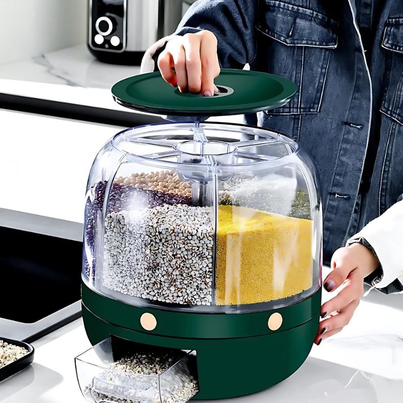 Dispello™ van Inicala.nl – stijlvolle groene 6-in-1 food dispenser met transparante draaibare compartimenten, eenvoudig navulbaar en ideaal voor georganiseerde keukenopslag.