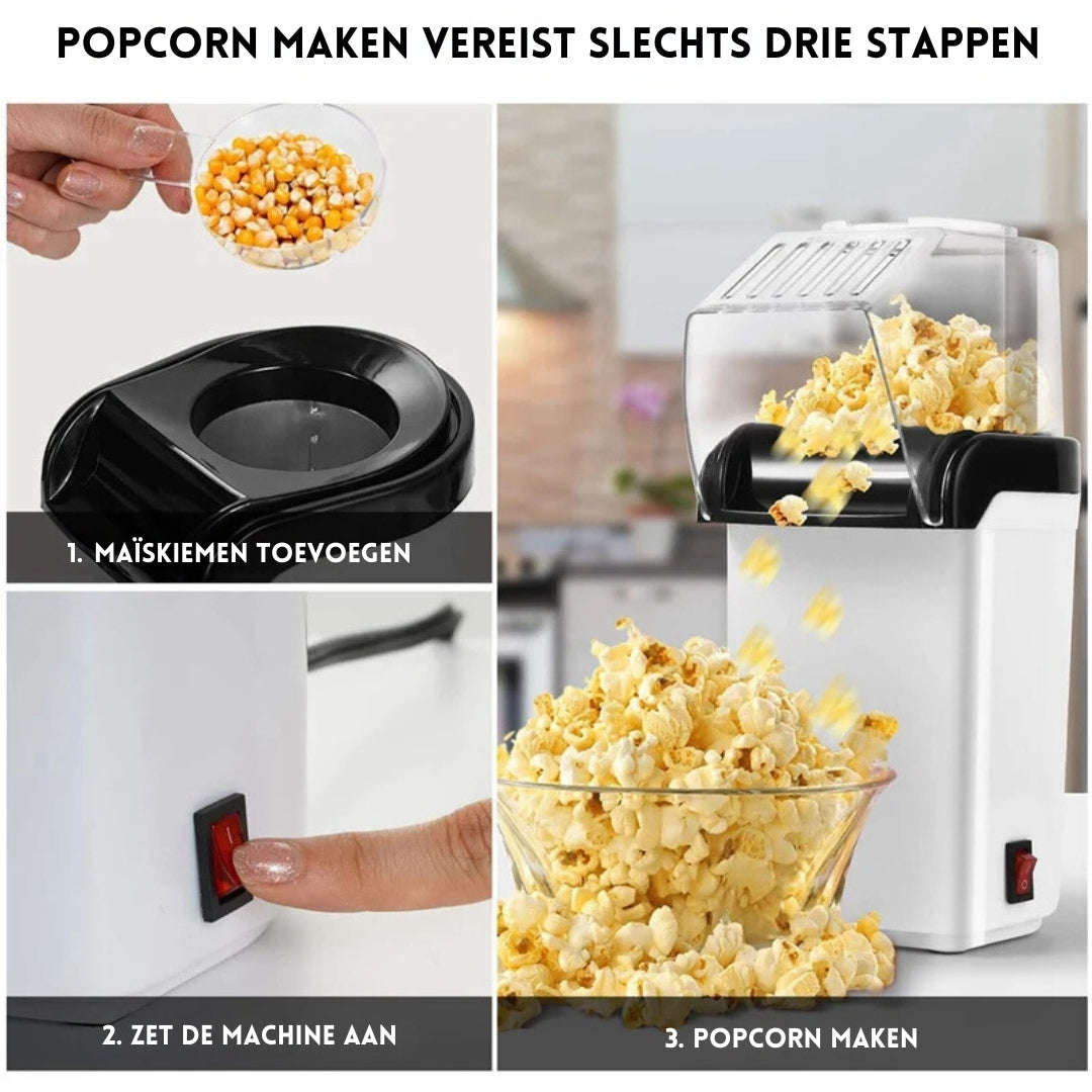 Drie stappen om popcorn te maken met de PopCrisp™ voeg maïskorrels toe, zet de machine aan, en geniet van versgepofte popcorn in minuten. Eenvoudig en snel! inicala.nl