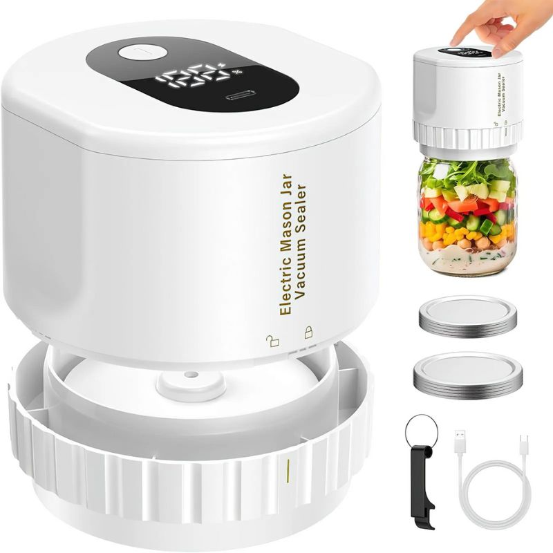 EcoSeal Elektrische Vacuumsealer - Compact en Efficiënt Deze witte elektrische vacuümpomp van EcoSeal is speciaal ontworpen voor Mason potten. Met een eenvoudig digitaal display, draadloze bediening en accessoires zoals deksels, een oplaadkabel en een opener, verlengt deze sealer de versheid van je voedsel. Ideaal voor verschillende potmaten. EcoSeal biedt gemak en een strak design, perfect voor dagelijks gebruik en het bewaren van voedsel.