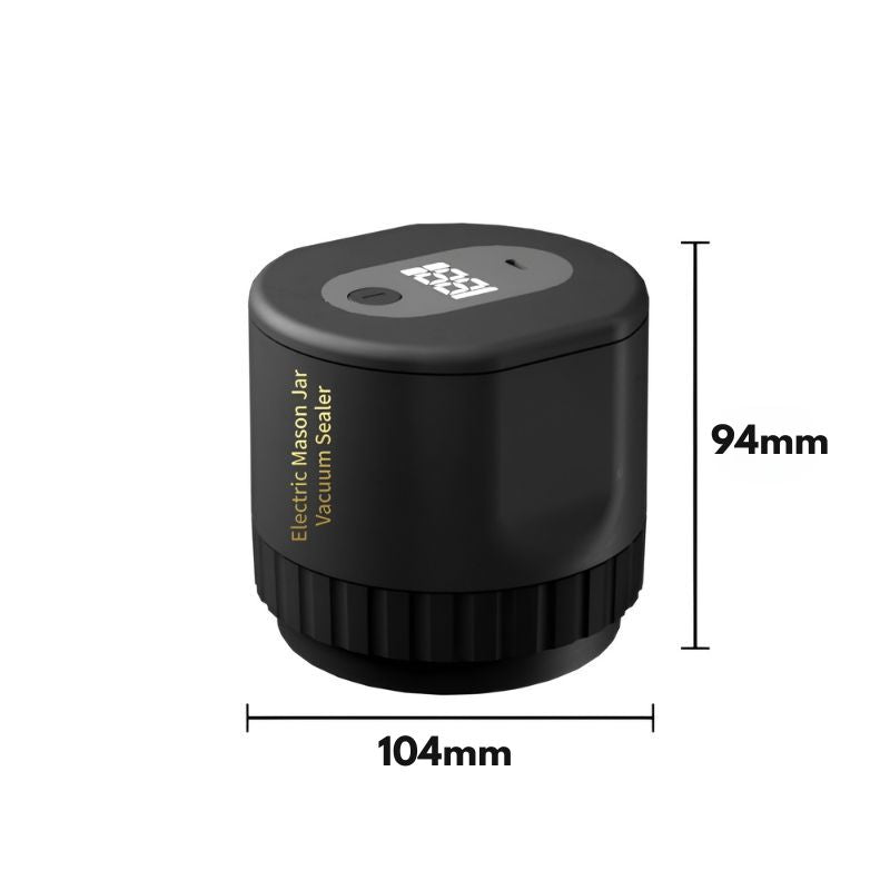 de EcoSeal Zwarte Elektrische Vacuumsealer met duidelijke afmetingen: 94mm hoog en 104mm breed. Ideaal voor compacte voedselopslag, perfect voor in iedere keuken.