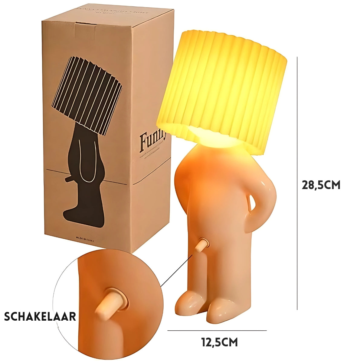 Een grappige tafellamp met een brutaal ontwerp en een unieke schakelaar op een verrassende plek. De Naughty Glow Guy™ is 28,5 cm hoog en 12,5 cm breed, verpakt in een stijlvolle doos. Perfect voor humor en licht in je ruimte. Bekijk meer op Inicala.nl!