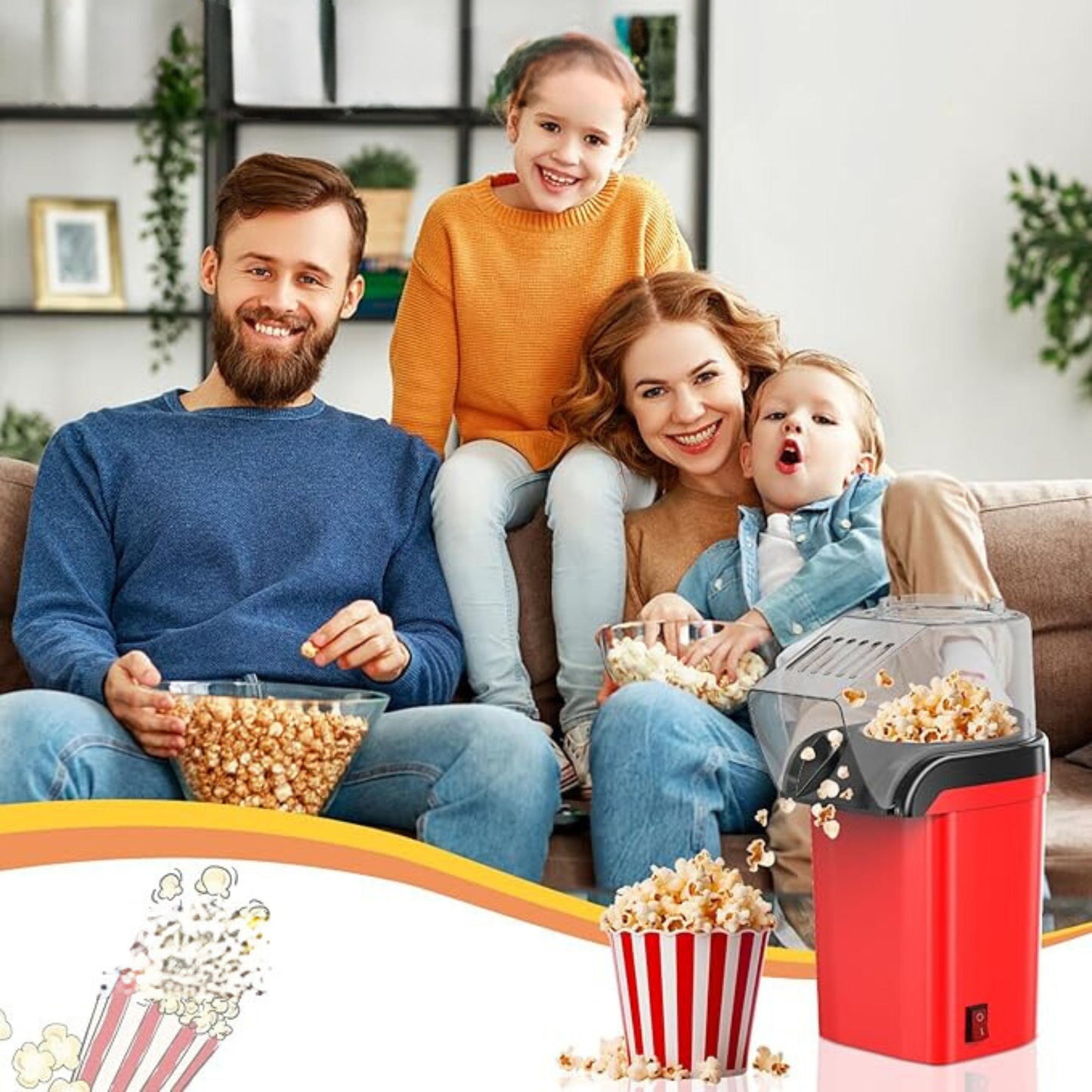 Een lachend gezin geniet van vers gemaakte popcorn met de rode PopCrisp™ popcornmaker. Perfect voor gezellige familiemomenten en gezonde snacks thuis. inicala.nl