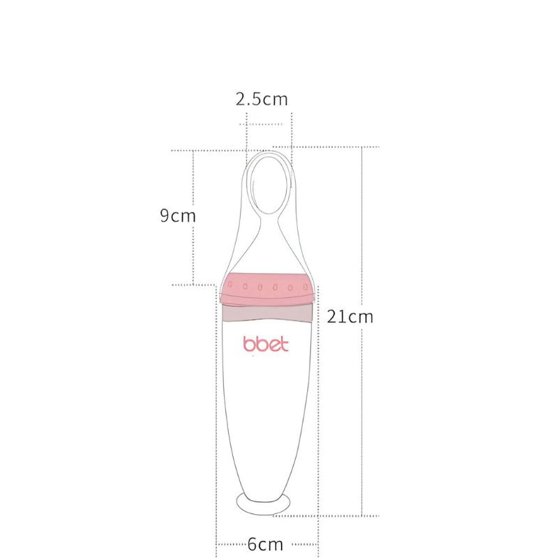 Een schematische tekening van de Roze BabyHap™ Lepel-Knijpfles met gedetailleerde afmetingen 21 cm hoog, 2,5 cm breed bij de tuit en 6 cm breed bij de basis.