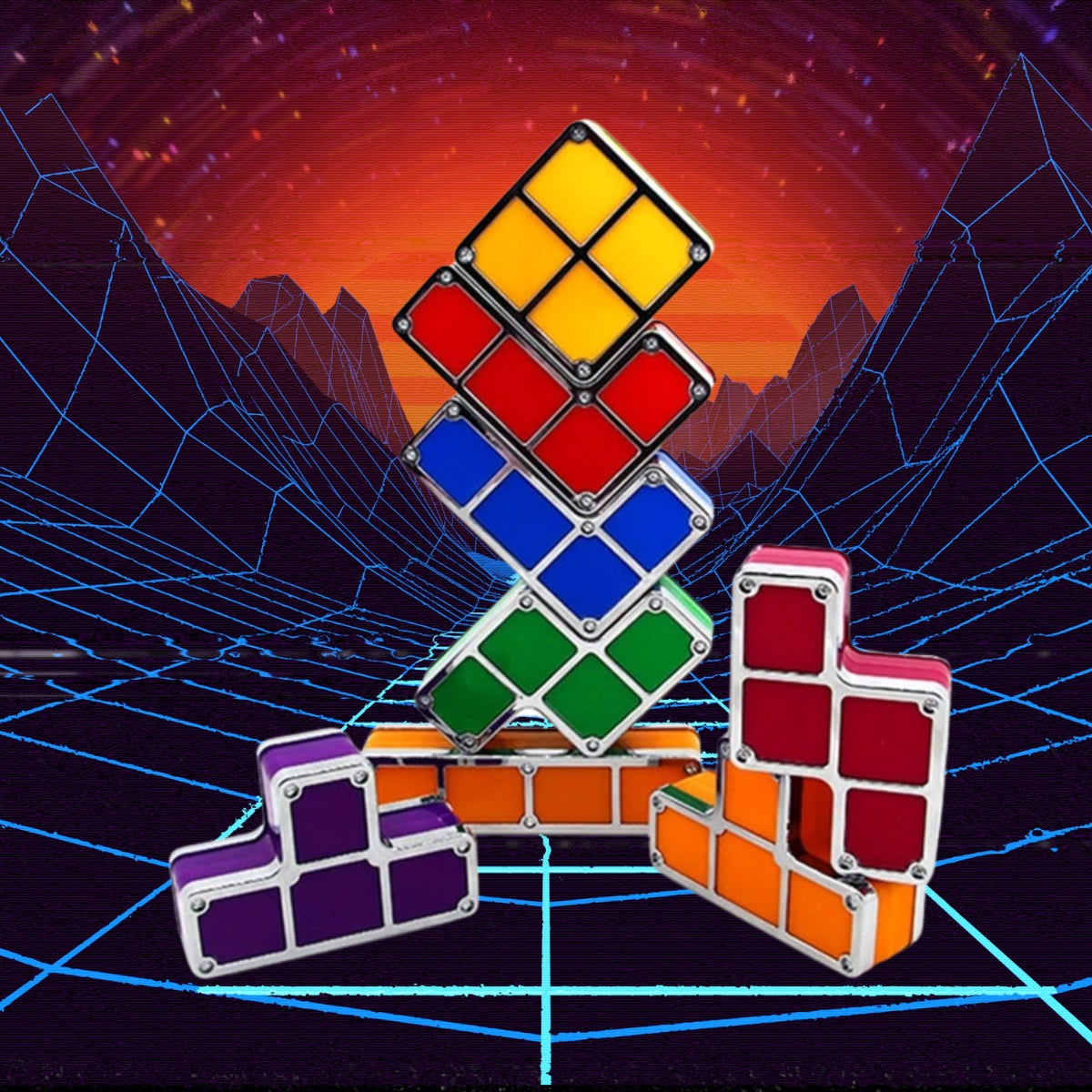 Een toren van kleurrijke TetraGlow™-blokken, opgelicht in levendige tinten geel, rood, blauw, groen, paars en oranje, staat tegen een futuristische achtergrond van een neonrooster en een vurige zonsondergang. Ideaal voor retro-gaming vibes en creatieve decoratie. inicala