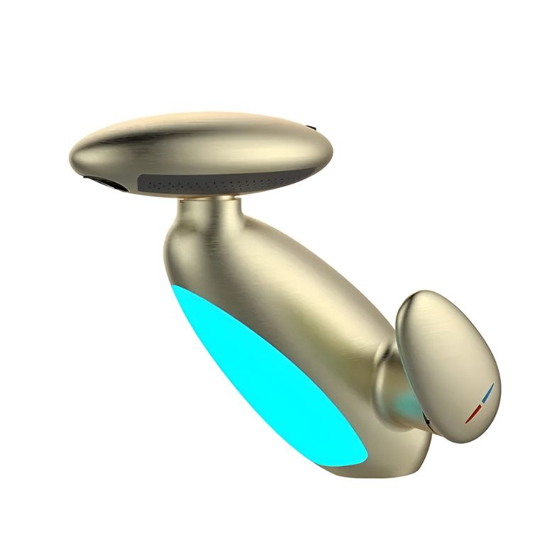 Flowsense™ kraan in luxe gouden afwerking van Inicala.nl met blauw oplichtende LED die de watertemperatuur aangeeft – combineert elegantie, veiligheid en comfort in een stijlvolle blikvanger voor elke badkamer.
