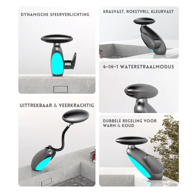 Flowsense™ kraan van Inicala.nl met dynamische LED-verlichting, kras- en roestbestendige afwerking, 4-in-1 straalmodi, uittrekbare slang en dubbele warm-koud regeling – ultieme mix van stijl, comfort en functionaliteit.