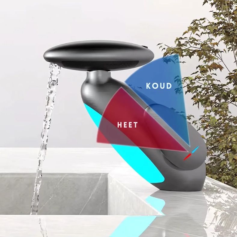 Flowsense™ kraan van Inicala.nl met intuïtieve temperatuurregeling – visualiseert duidelijk de draaihoek voor koud of heet water, ideaal voor veilig en nauwkeurig gebruik in elke moderne badkamer.