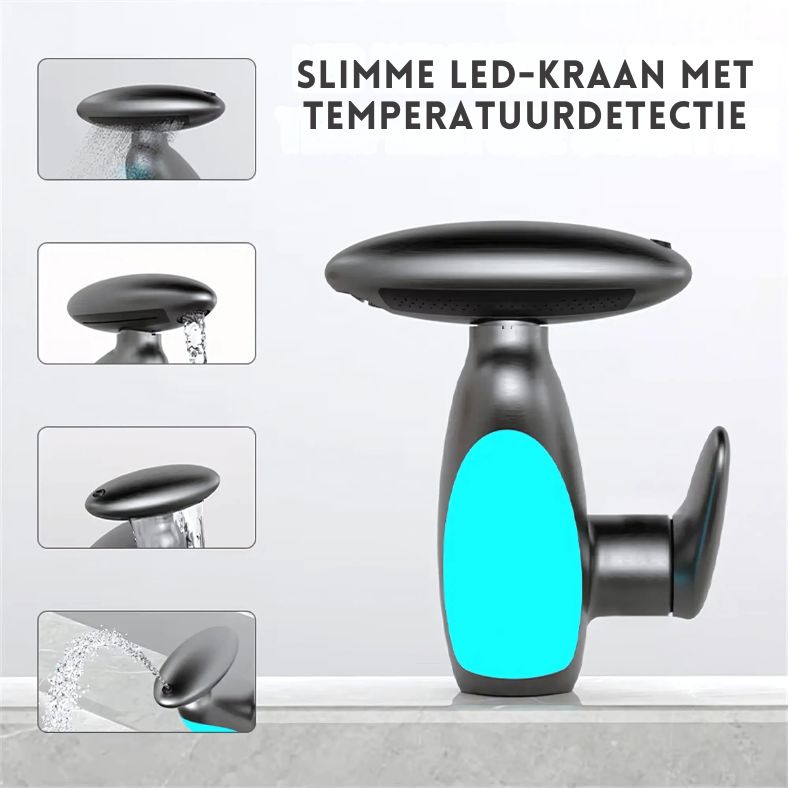 Flowsense™ kraan van Inicala.nl met slimme LED-verlichting die de temperatuur detecteert – toont vier waterstanden in stijlvol zwart design, voor comfort, veiligheid en visuele controle in één moderne kraan.