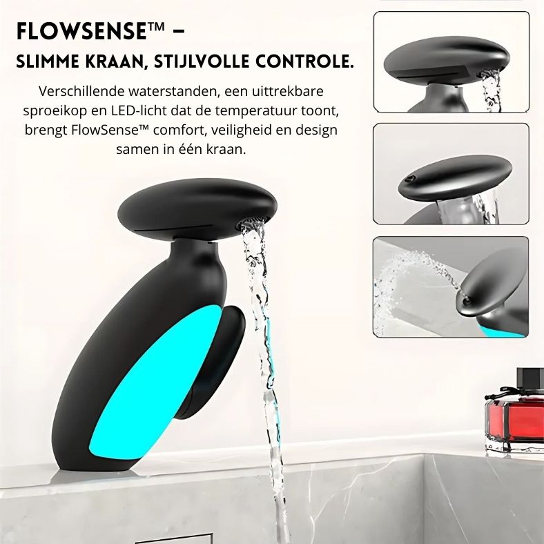 Flowsense™ van Inicala.nl in actie – toont drie waterstanden met LED-temperatuurindicatie en uittrekbare sproeikop, voor ultiem comfort, veiligheid en stijlvolle controle in je badkamer of keuken.