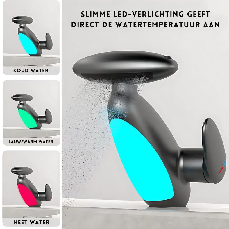 Flowsense™ van Inicala.nl toont met slimme LED-verlichting direct of het water koud, lauw of heet is – voor veilig en stijlvol gebruik aan de wastafel.