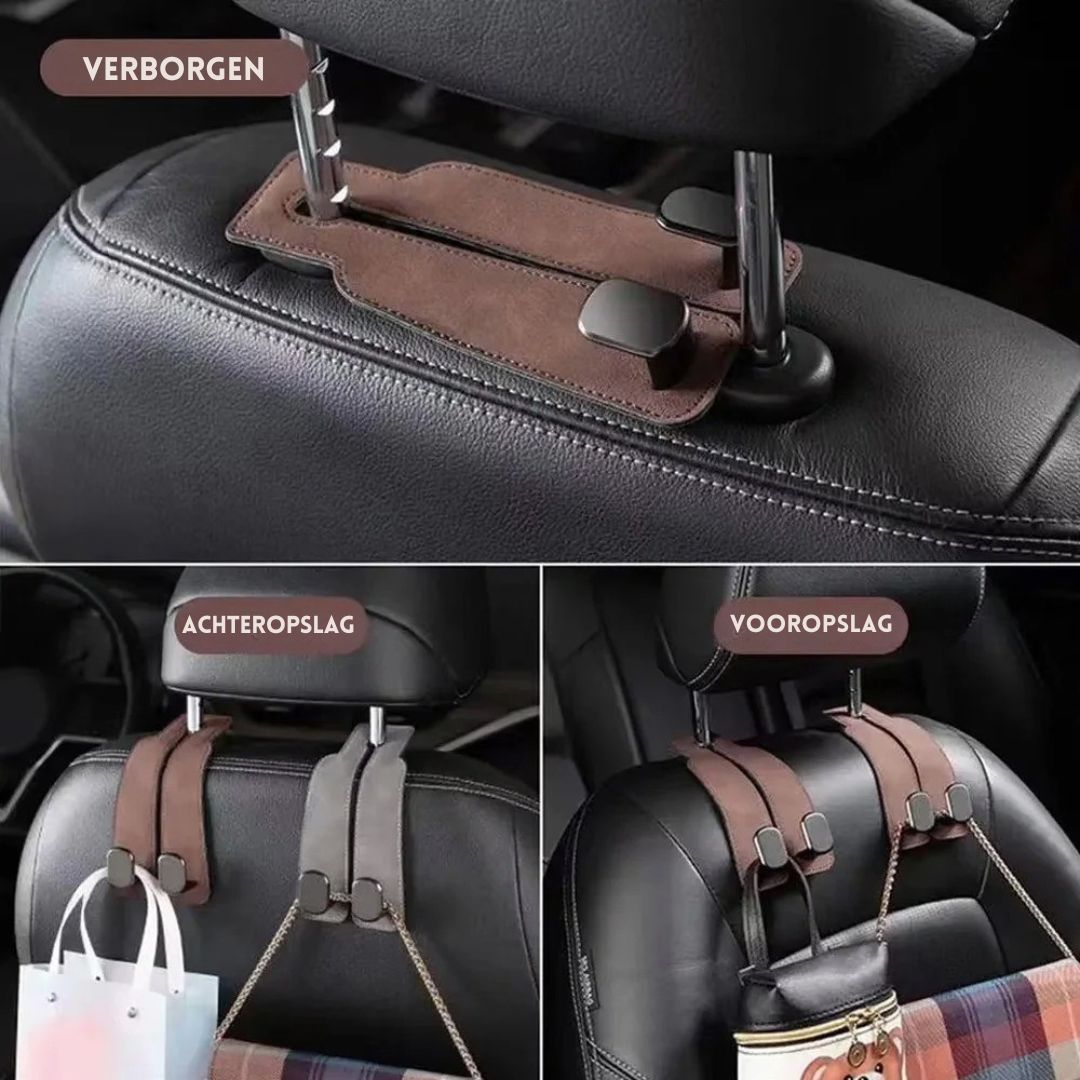 HangEase™ Organizer van Inicala.nl – Drie functies in beeld netjes verborgen onder de hoofdsteun, en te gebruiken als haak aan de voor- of achterkant van de autostoel. Voor direct meer opbergruimte en orde in je auto.