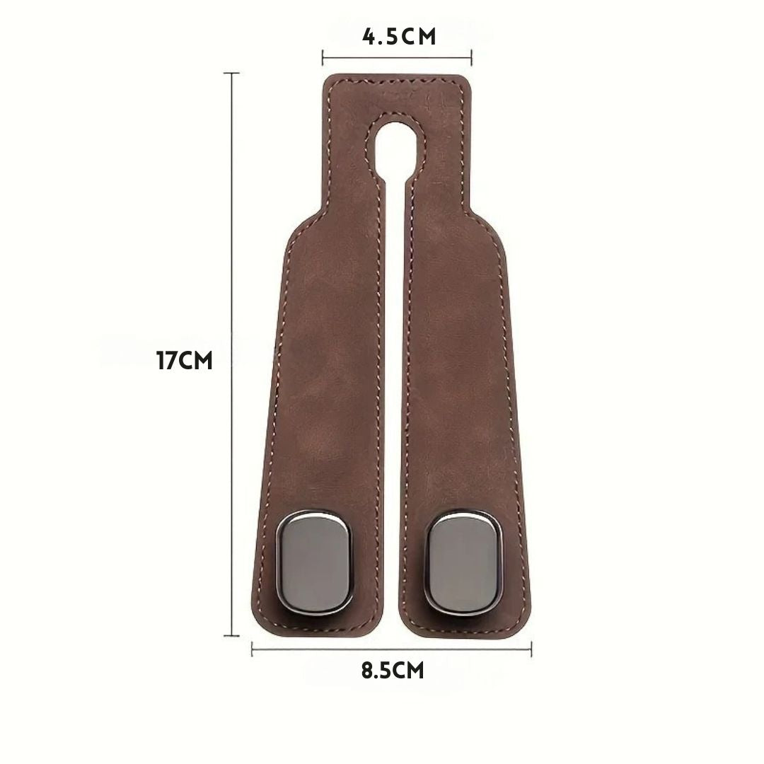 HangEase™ Organizer van Inicala.nl – luxe dubbele autostoelhaak in bruin suède, met afmetingen 17x8,5 cm. Perfect voor het ophangen van tassen en accessoires in