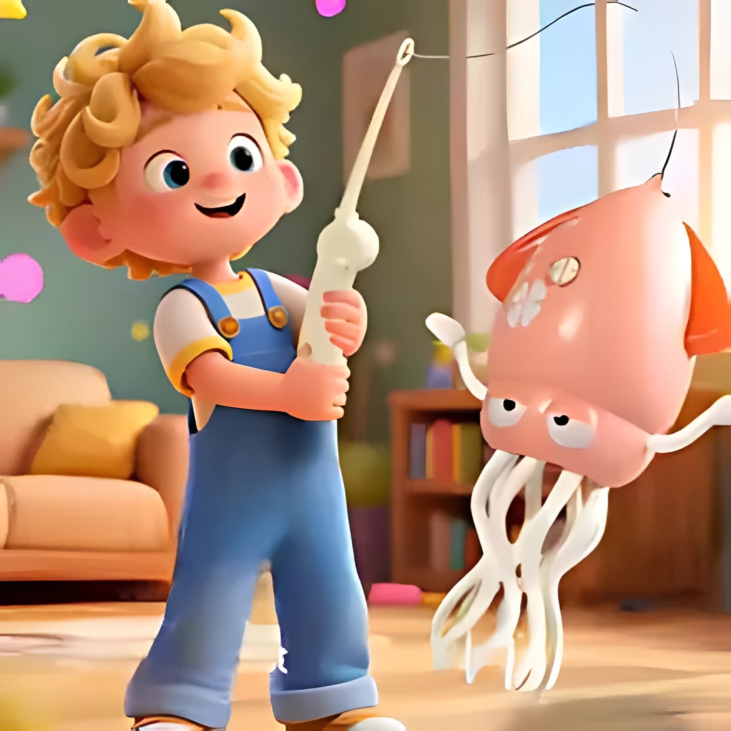 Kind speelt vrolijk met OctoBeat™ – Interactief Octopus van Inicala.nl in een kleurrijke woonkamer. Stimuleert motorische ontwikkeling, hand-oogcoördinatie en creatief spel.