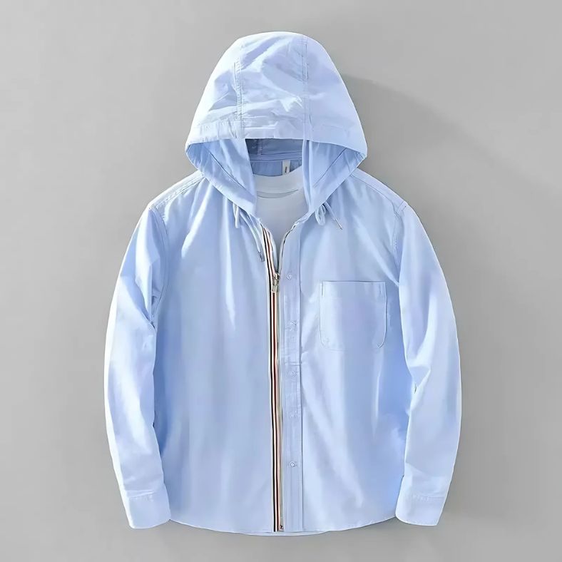 Lichtblauwe NOMORI™ linnen hoodie met rits en capuchon, ideaal voor moderne, casual looks – verkrijgbaar op Inicala.nl.
