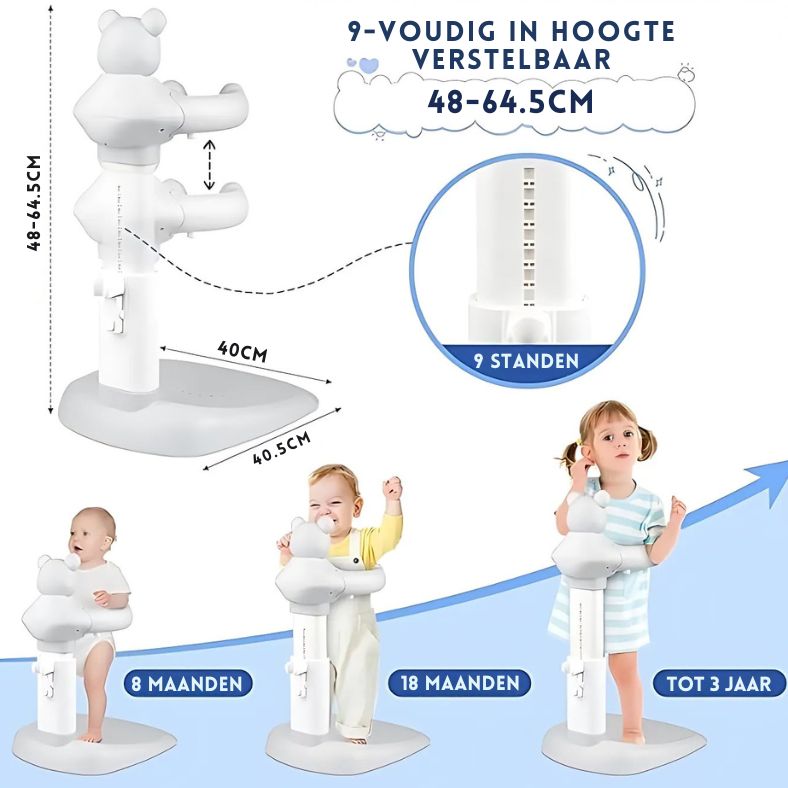 Lumboo™ – Veilig Staand Badrek voor Kleintjes van Inicala.nl, met 9-voudig verstelbare hoogte (48–64,5 cm) voor baby's van 8 maanden tot 3 jaar. Biedt stabiliteit, comfort en groeit mee met je kind.