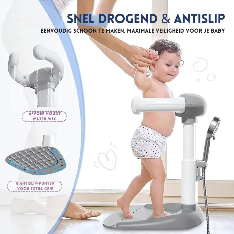 Lumboo™ – Veilig Staand Badrek voor Kleintjes van Inicala.nl, met antislipbodem en waterafvoer. Baby staat veilig tijdens het douchen terwijl ouder begeleidt met één hand.