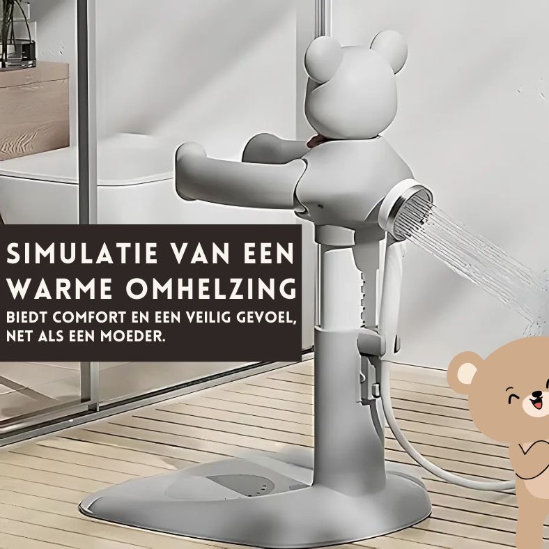 Lumboo™ – Veilig Staand Badrek voor Kleintjes van Inicala.nl met knuffelbeerdesign en douchehouder, simuleert een warme omhelzing voor comfort en veiligheid tijdens het douchen van je kindje.