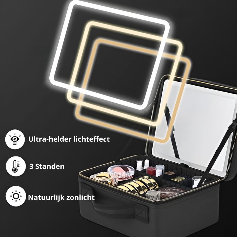 Heldere GlamVista-make-up tas met LED-verlichting en verstelbare lichtstanden. Ideaal voor het organiseren van beautyproducten en een vlekkeloze make-up routine, waar je ook bent. Perfect voor dagelijks gebruik en reizen.