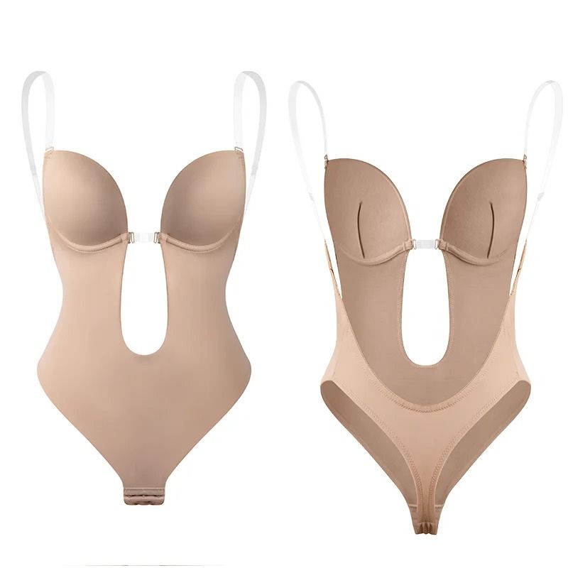 Mileena Secret™ van Inicala.nl – nude shapewear body met diepe V-hals en transparante bandjes, ontworpen voor een glad silhouet en een onzichtbare fit onder elke outfit.