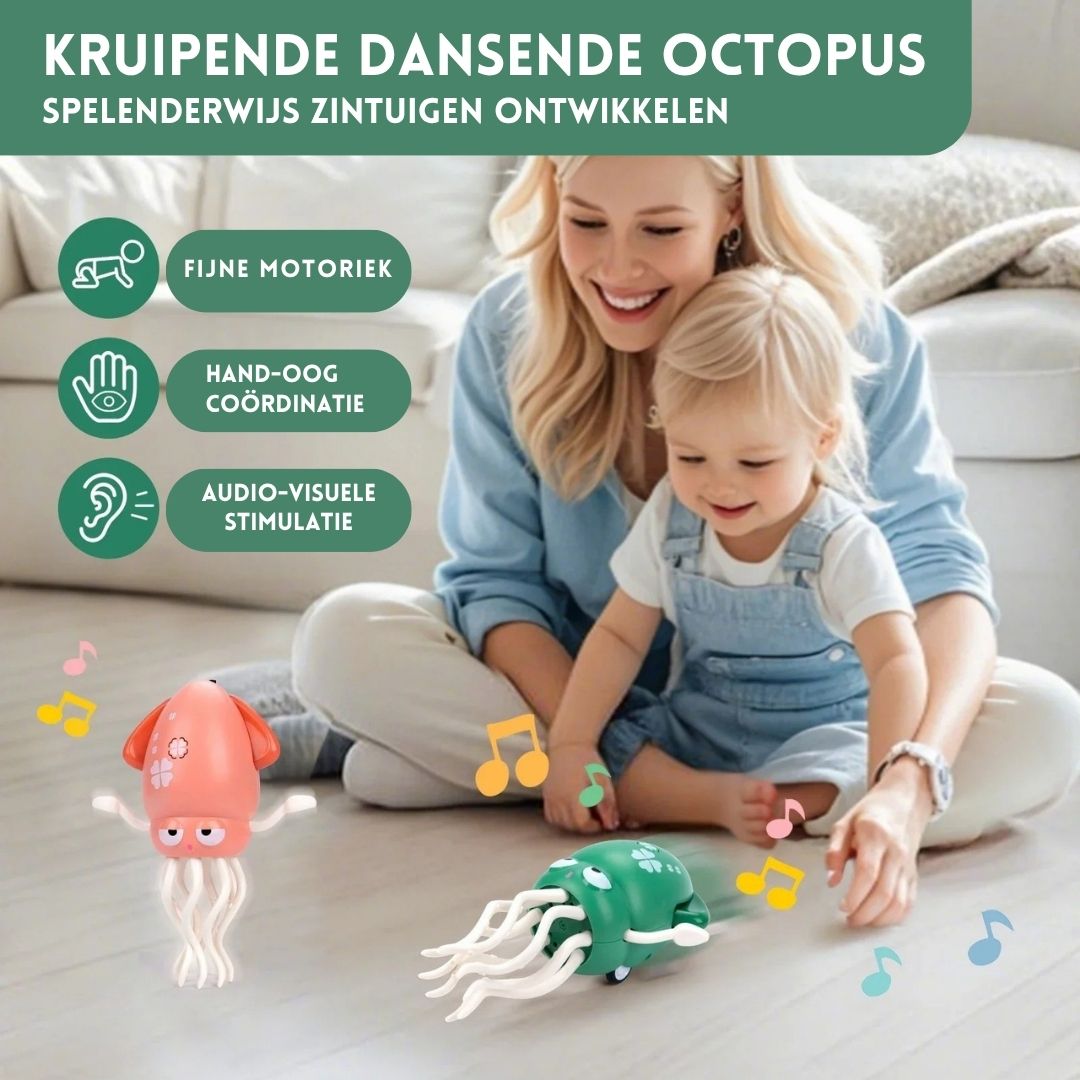 Moeder en kind spelen samen met OctoBeat™ – Interactief Octopus voor Motorische Ontwikkeling van Inicala.nl. De kruipende octopus stimuleert fijne motoriek, hand-oogcoördinatie en audio-visuele ontwikkeling.