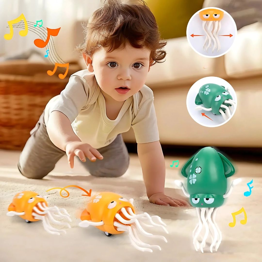OctoBeat™ – Interactief Octopus van Inicala.nl, motorisch speelgoed met muziek en beweegbare tentakels. Baby kruipt vrolijk achter een dansende octopus aan; stimuleert actief spelen en ontwikkeling.