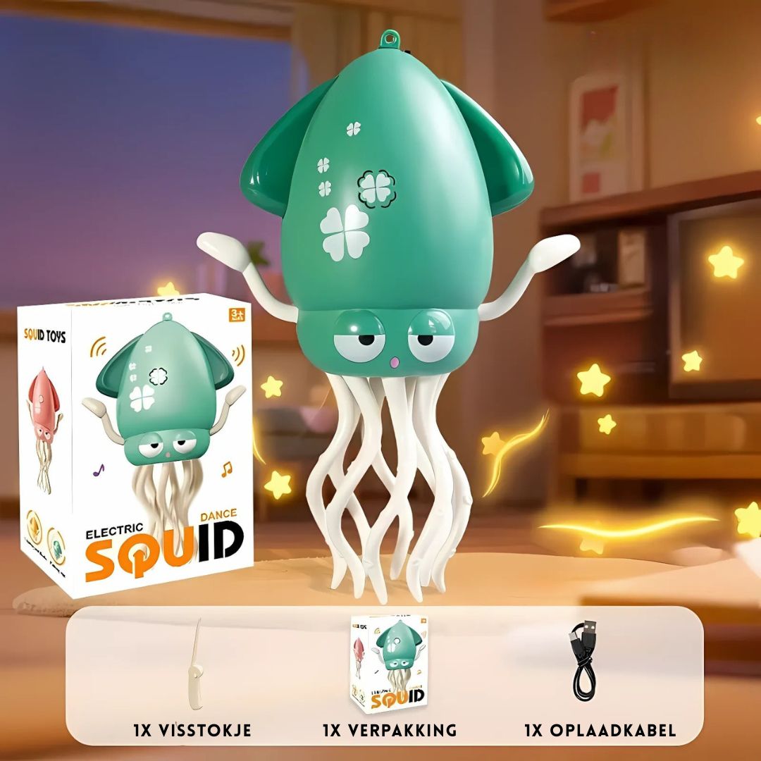OctoBeat™ – Interactief Octopus voor Motorische Ontwikkeling van Inicala.nl, groen model. Afgebeeld met doos, visstokje en oplaadkabel. Stimuleert spel, motoriek en creativiteit bij kinderen.