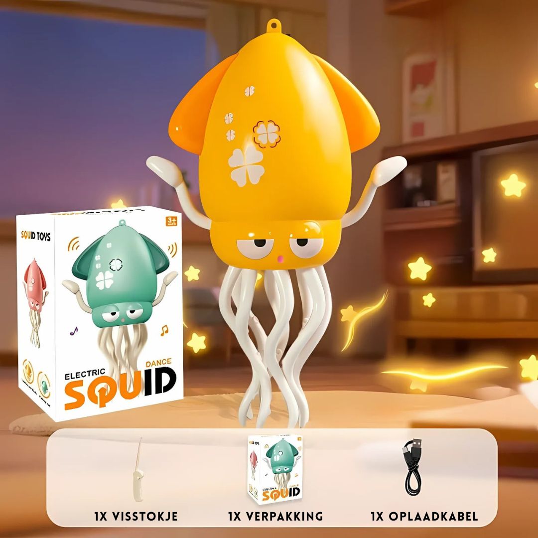 OctoBeat™ – Interactieve gele octopus met doos, visstokje en oplaadkabel van Inicala.nl. Stimuleert motorische ontwikkeling en creatief spel bij kinderen, ideaal voor speelse en leerzame momenten thuis.