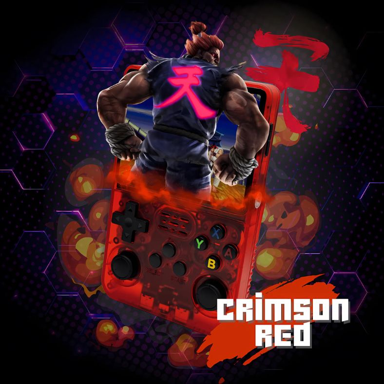 PixelPlay™ Legends handheld console in rood (Crimson Red edition) met retro Street Fighter game op het scherm – speel 15.000 klassiekers via Inicala.nl.