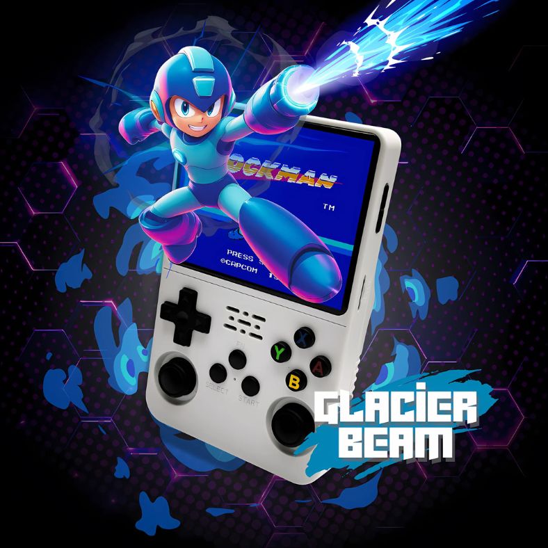 PixelPlay™ Legends handheld console in wit (Glacier Beam edition) met Mega Man op het scherm – speel 15.000 retro games, verkrijgbaar via Inicala.nl.