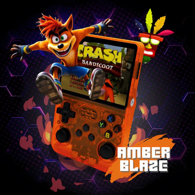 PixelPlay™ Legends in amberoranje (Amber Blaze edition) met Crash Bandicoot op het scherm – retro handheld console met 15.000 games via Inicala.nl.