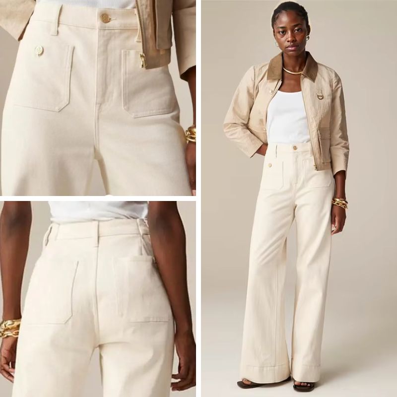 Riviera Flare™ van Inicala.nl in collageweergave stijlvolle, crèmekleurige jeans met hoge taille, flatterende flare-fit en gouden knopen. Een elegante basic met Franse flair, ontworpen voor tijdloze klasse en comfort.