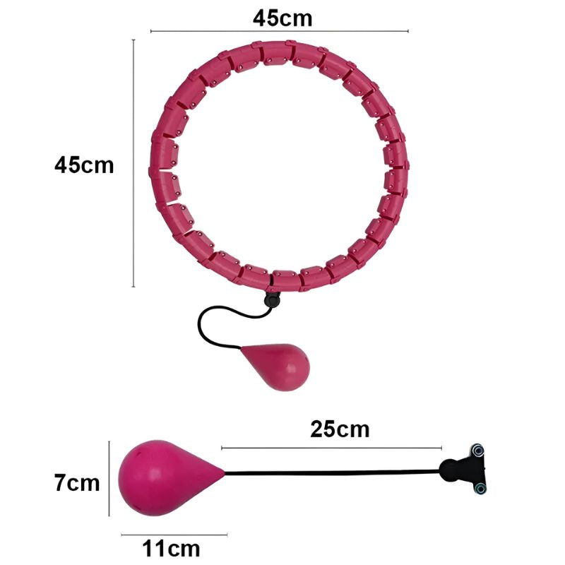 De roze fitnesshoepel heeft een diameter van 45 cm en een gewichtskogel van 25 cm. Perfect verstelbaar voor verschillende lichaamsmaten en ideaal voor een gerichte training.