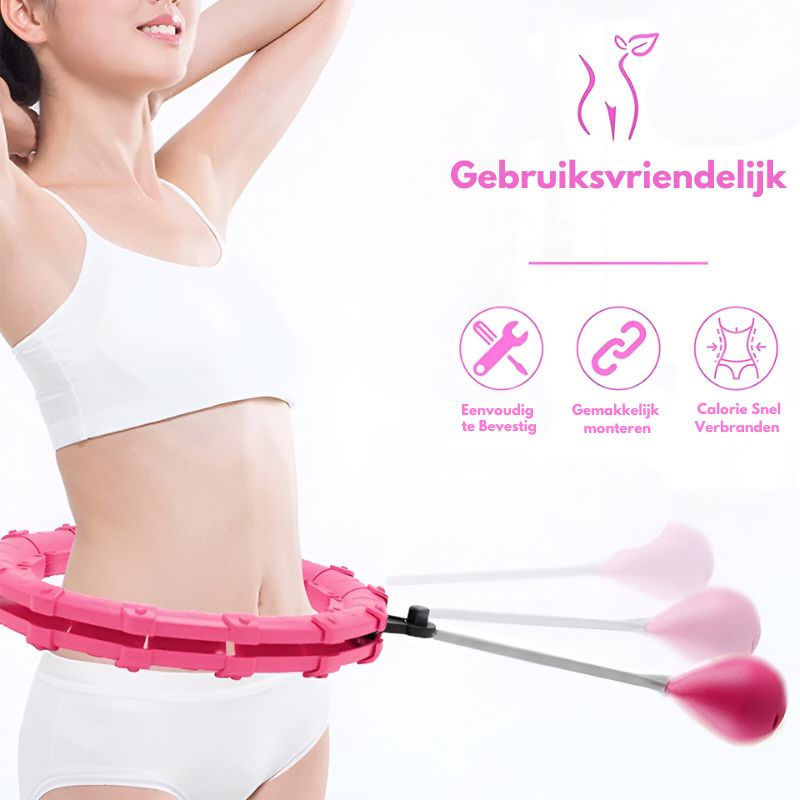 een roze Shape-Up™ fitnesshoepel met een gewichtskogel, ontworpen voor eenvoudige montage, comfortabele pasvorm en compacte calorieverbranding.
